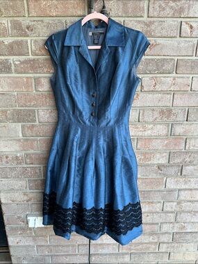 JS Boutique Teal-Blue Midi Dress with Black Lace Hem